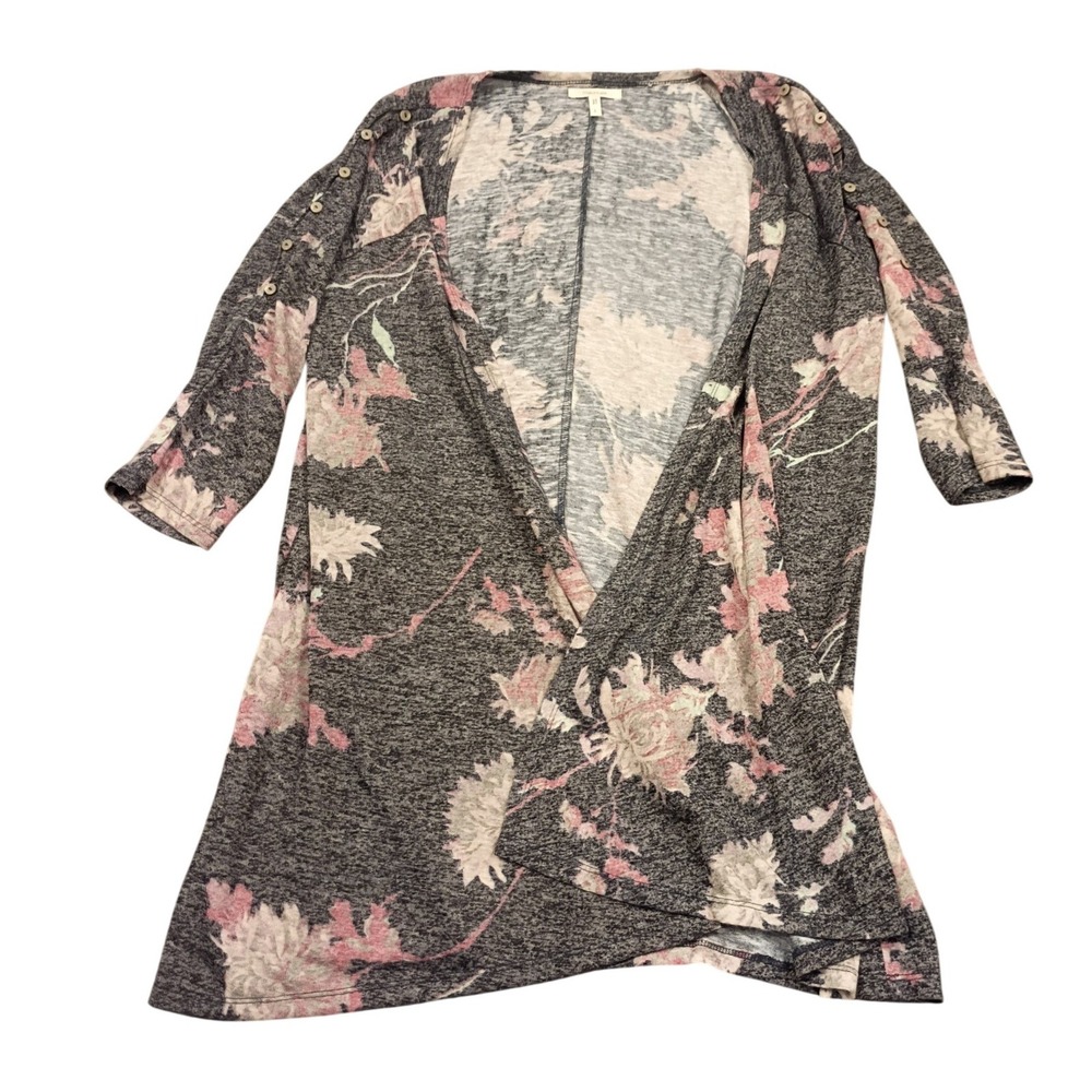 Maurices Floral Cardigan Womens Large Grey Pink‎ Boho Open Front Button Sleeve